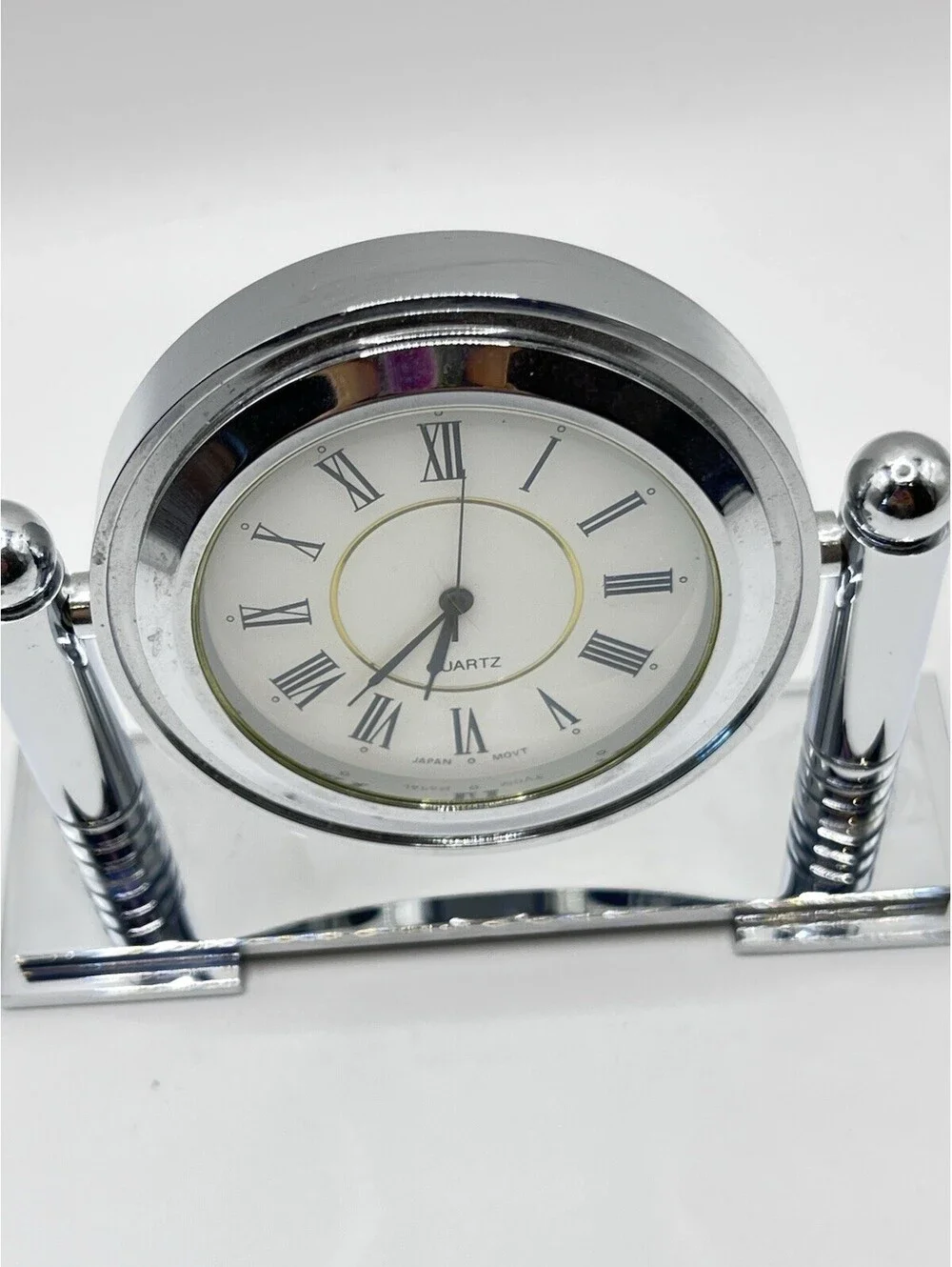 Vintage Novelty Desk Clock Round Swivel Silver tone Works 3108.2